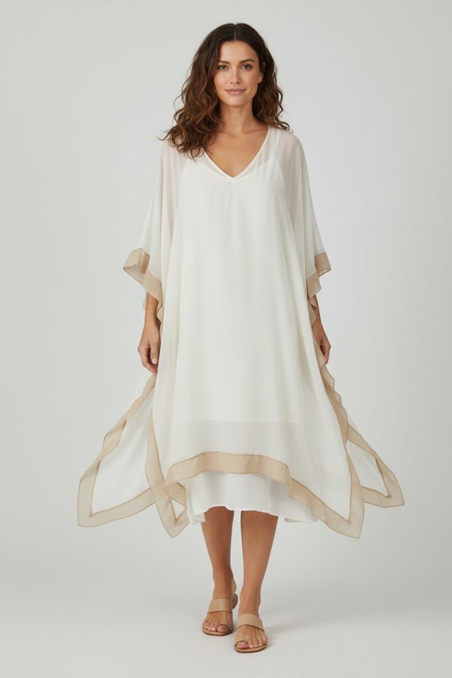 M/L Dress Kaftan Lounge Cream Analili shift lined silk chiffon sheer luxury